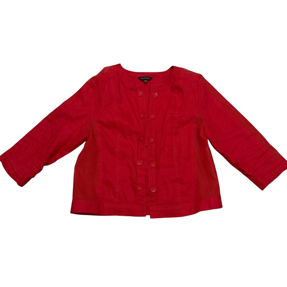 Multiples Women's Blazer Jacket PM Petite Medium Red Linen Open Front Mesh Panel